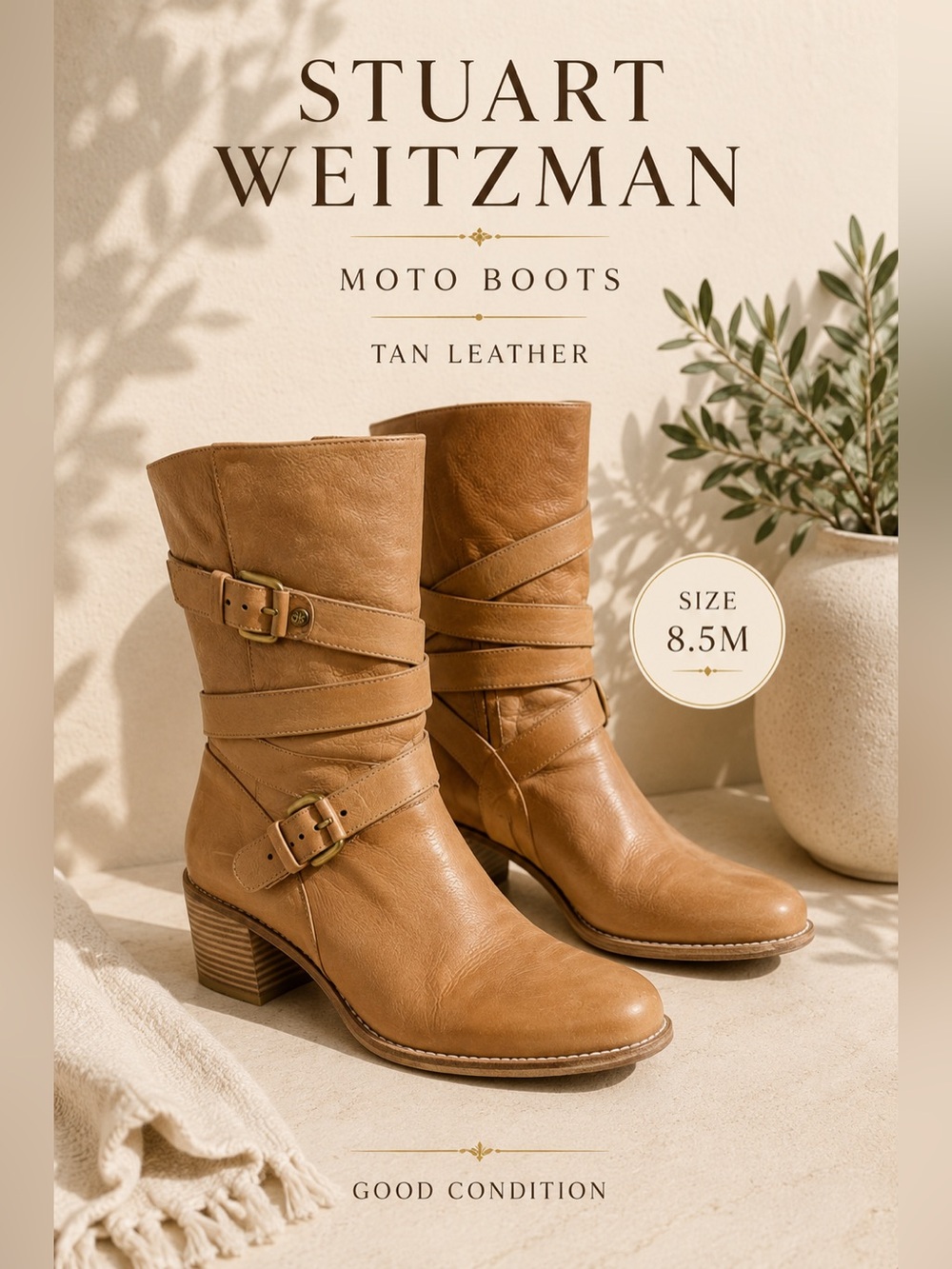 Stuart Weitzman Tan Leather Moto Mid-Calf Boots Size 8.5M